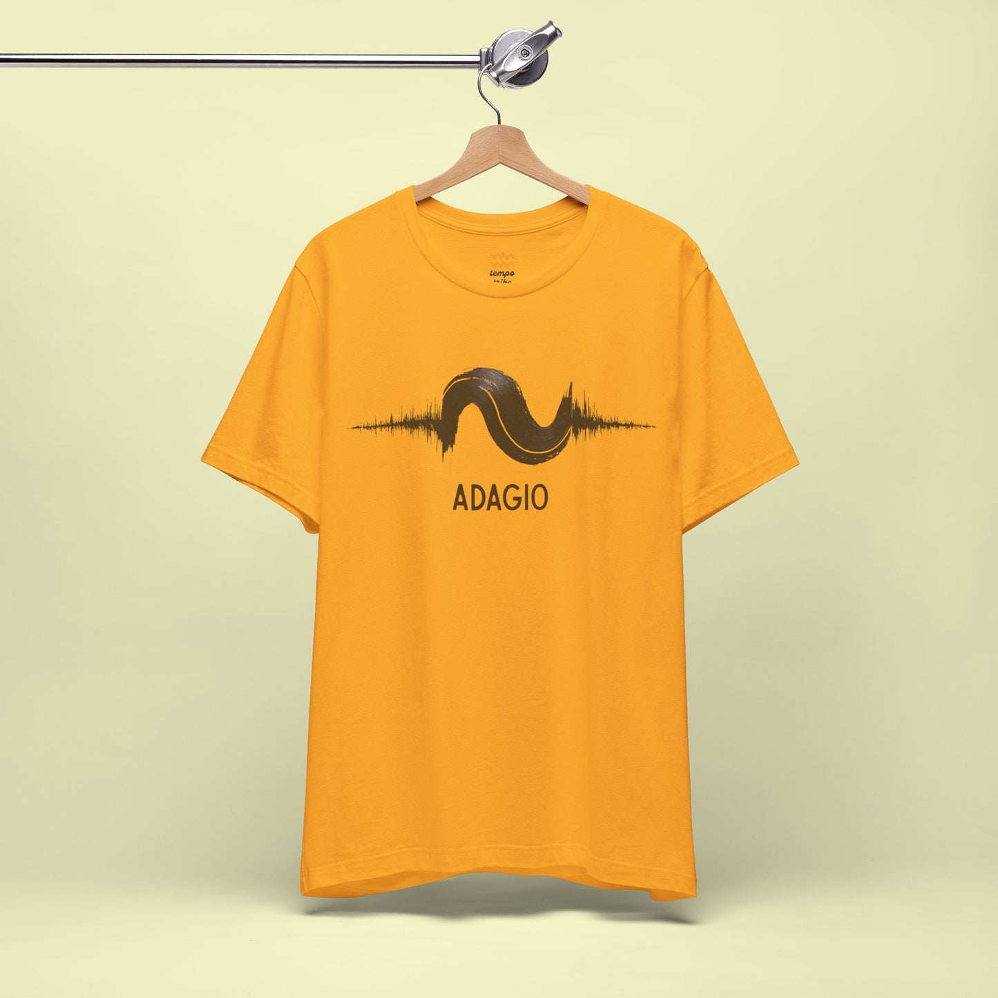 Minimalist Adagio Tempo t-shirt - high-contrast fluid brush-stroke waveform notation design.