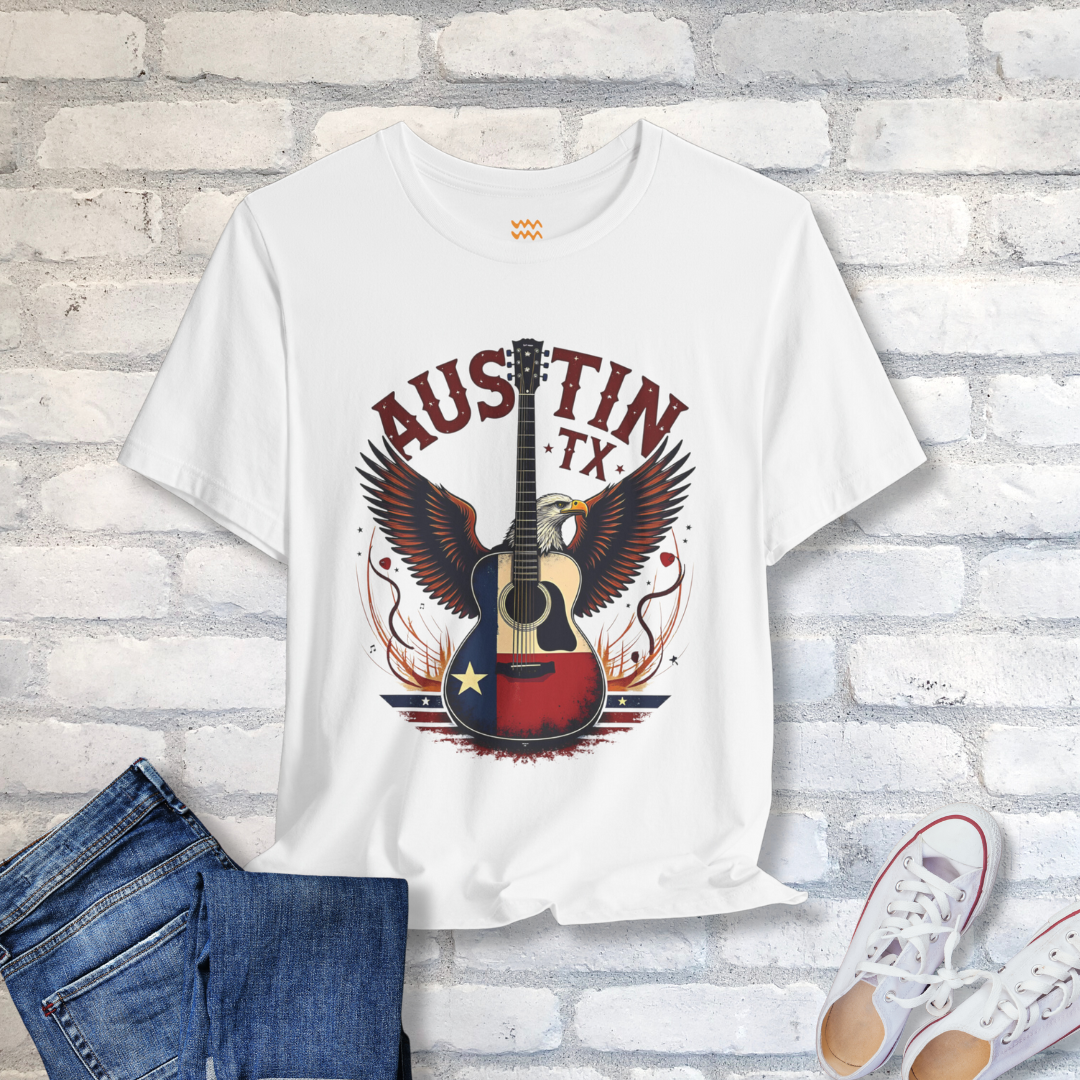 Americana graphic illustration capturing the vibrant energy of Austin southern rock and country music.