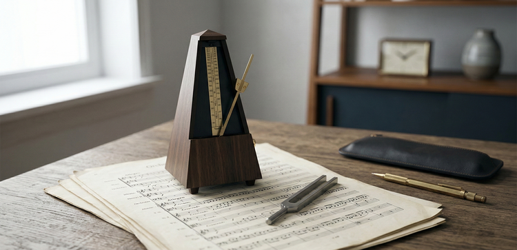 The Cadence Series collection header – a mechanical walnut metronome resting on an aged orchestral score for a minimalist music theory brand.