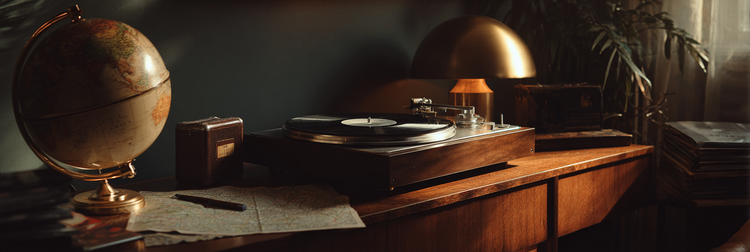 The Sonic Geography Series header — warm mid-century modern desk with a vintage turntable, brass desk globe, and vinyl records in a cozy, dimly lit room.
