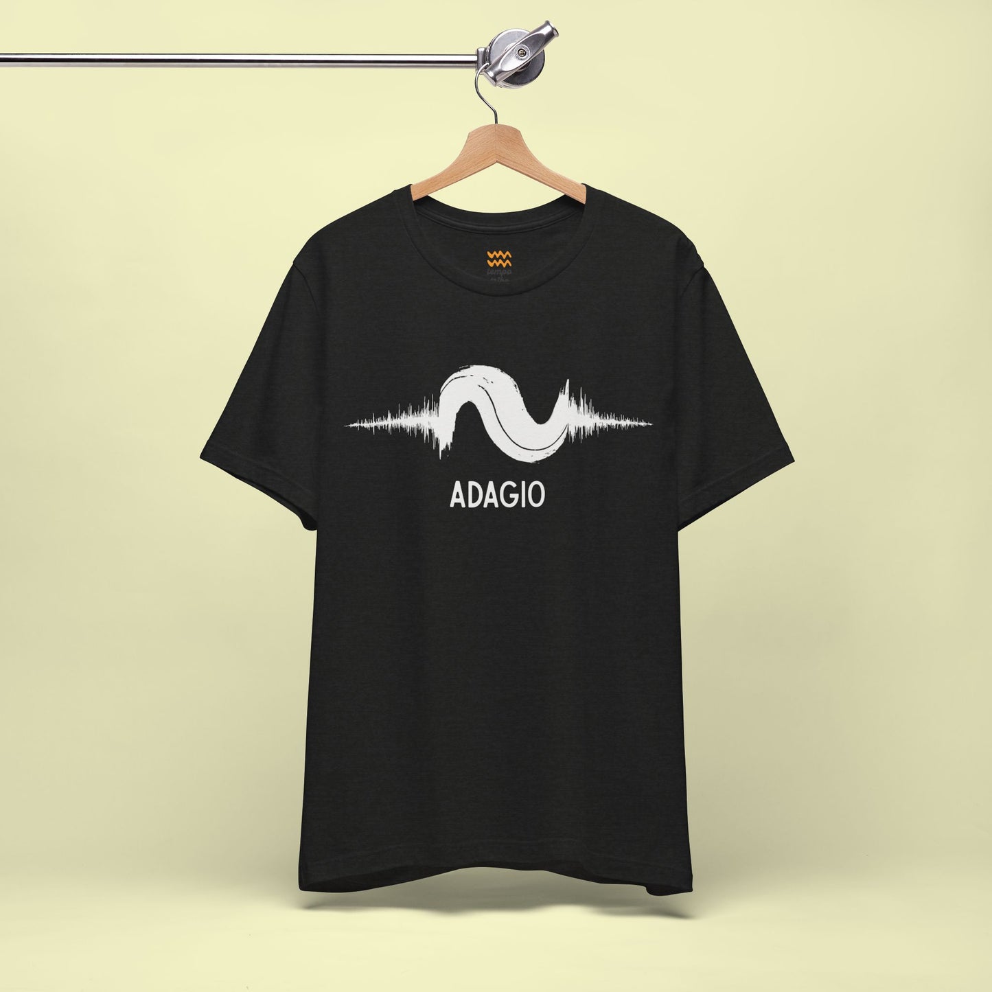 Minimalist Adagio Tempo t-shirt - high-contrast fluid brush-stroke waveform notation design.