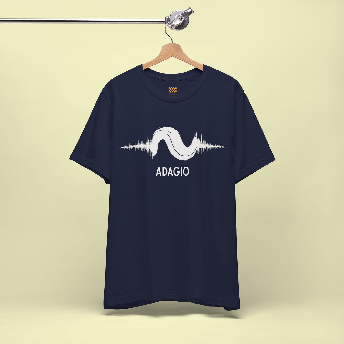 Minimalist Adagio Tempo t-shirt - high-contrast fluid brush-stroke waveform notation design.