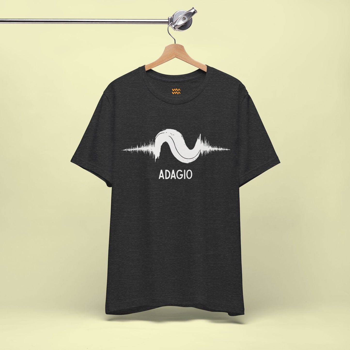 Minimalist Adagio Tempo t-shirt - high-contrast fluid brush-stroke waveform notation design.