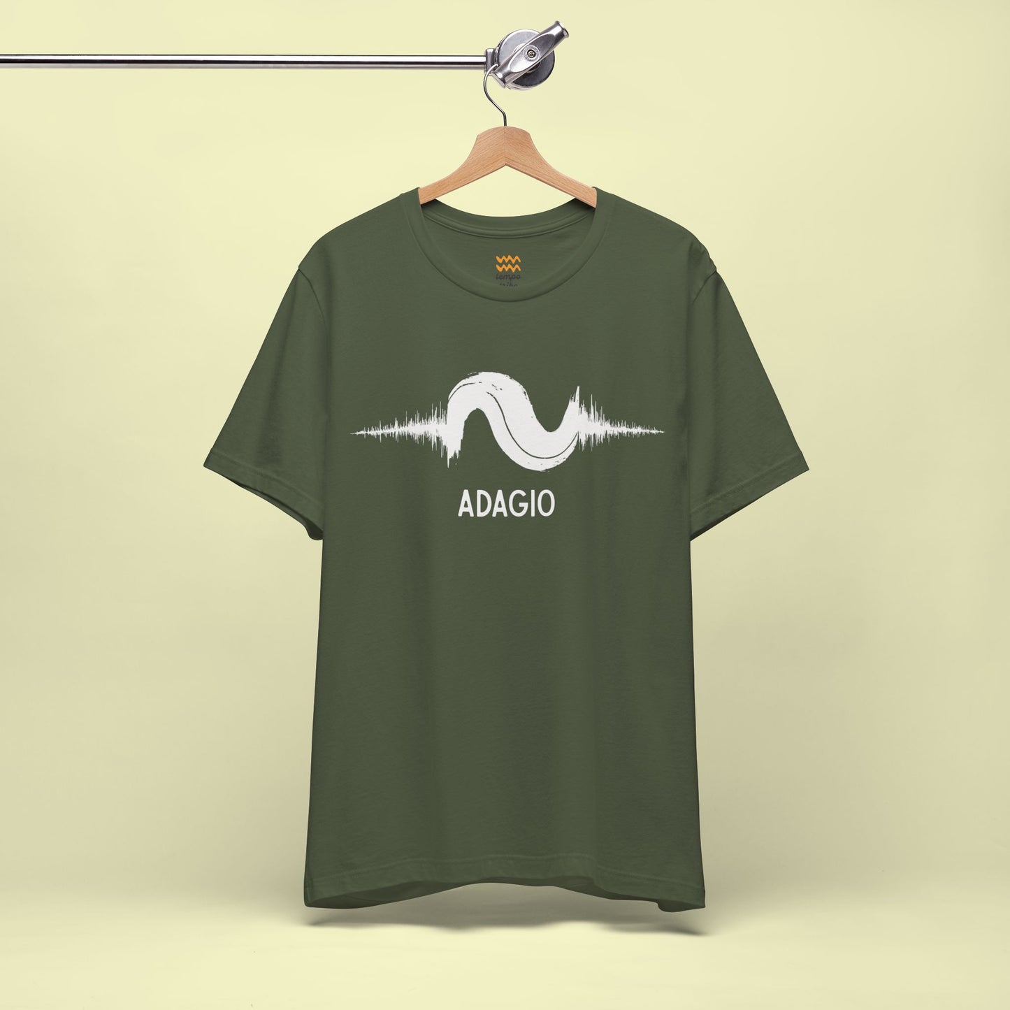 Minimalist Adagio Tempo t-shirt - high-contrast fluid brush-stroke waveform notation design.