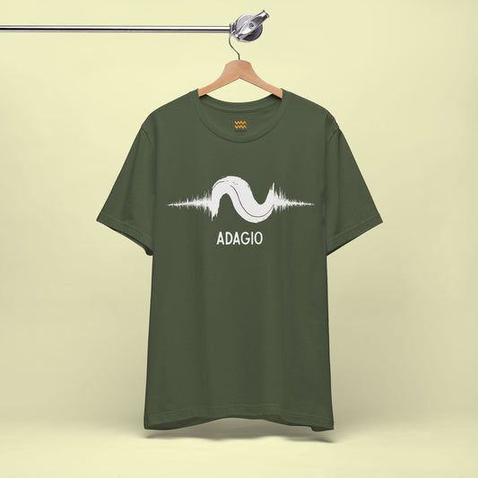Minimalist Adagio Tempo t-shirt - high-contrast fluid brush-stroke waveform notation design.